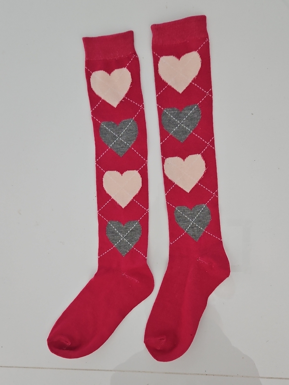 Pink Knee-High Argyle Pattern Socks with Pink and Gray Hearts